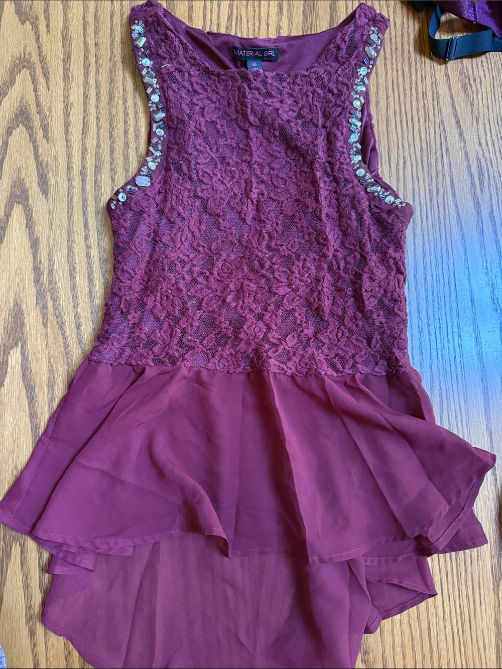 Material Girl Women’s Burgundy Lace Peplum Dress with Jeweled Shoulders
